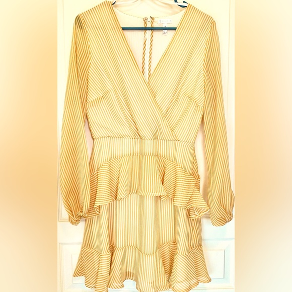 Leith Pinstripe Long Sleeve Faux Wrap Ruffle Flounced Chiffon Mini Dress. - Picture 2 of 8